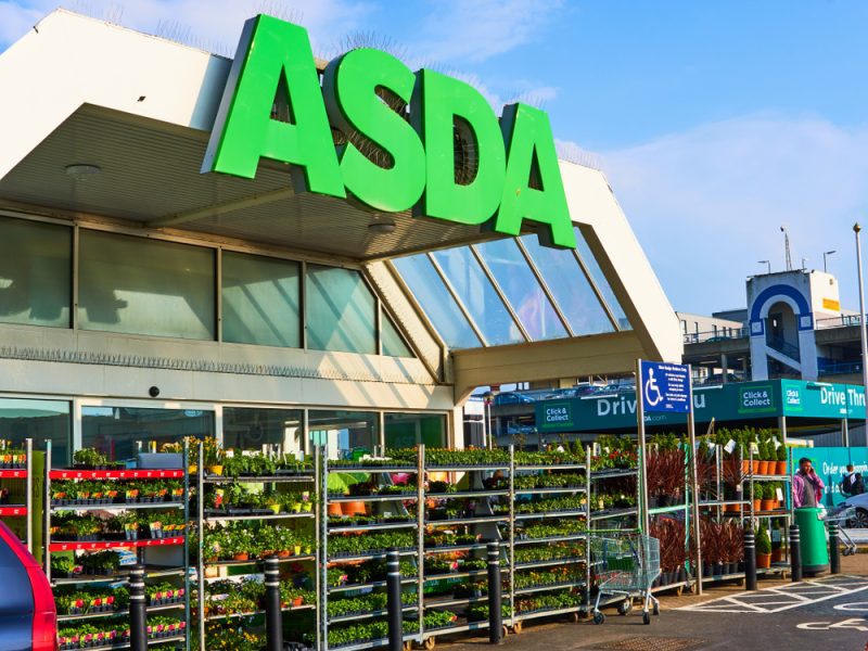 Entrance to Asda with plants on sale