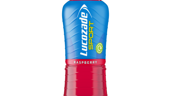 A 500ml bottle of raspberry lucozade sport with a reduced plastic sleeve.