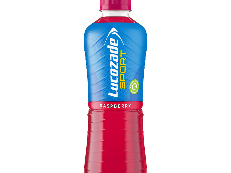 A 500ml bottle of raspberry lucozade sport with a reduced plastic sleeve.