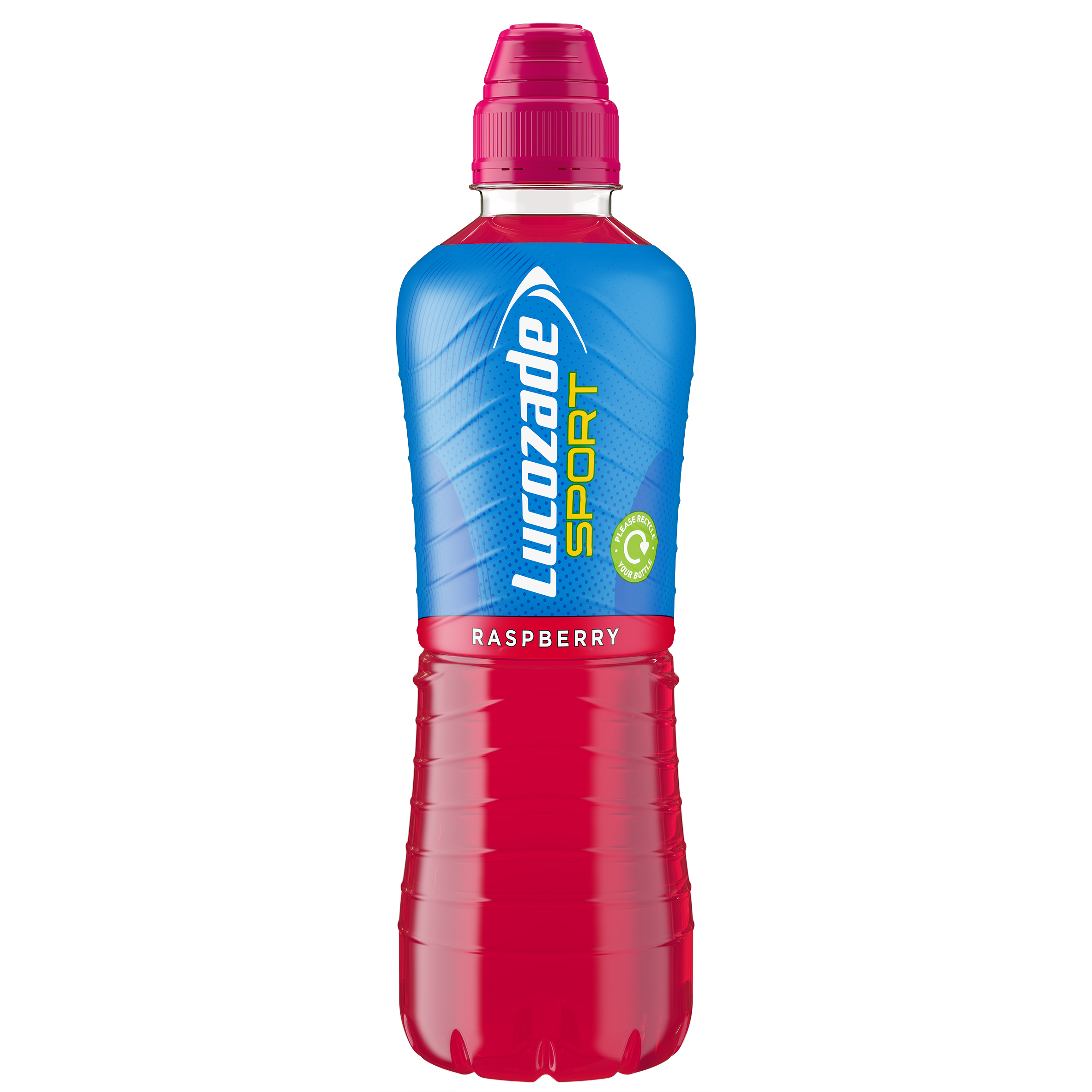 A 500ml bottle of raspberry lucozade sport with a reduced plastic sleeve.