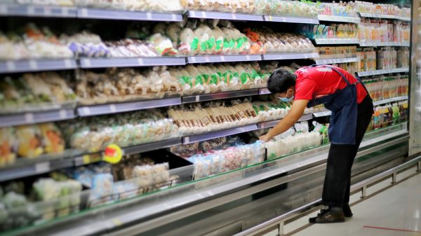 Supermarket worker stacking shelves