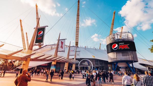 O2 arena exterior featuring Pepsi Max advertising