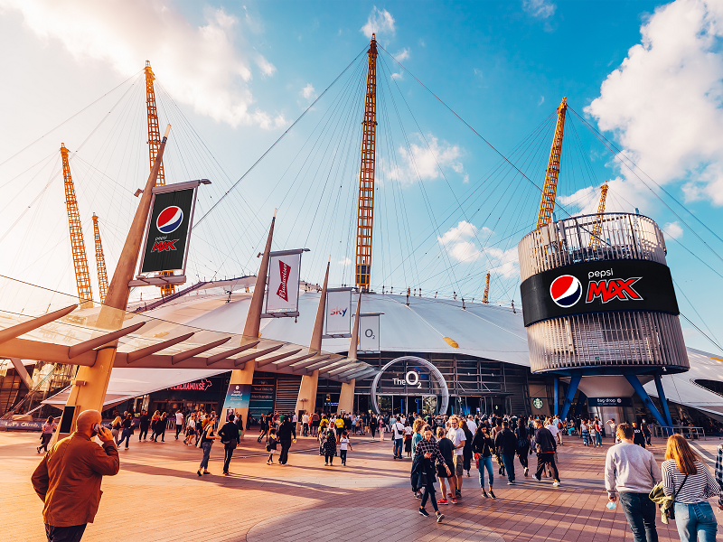 O2 arena exterior featuring Pepsi Max advertising