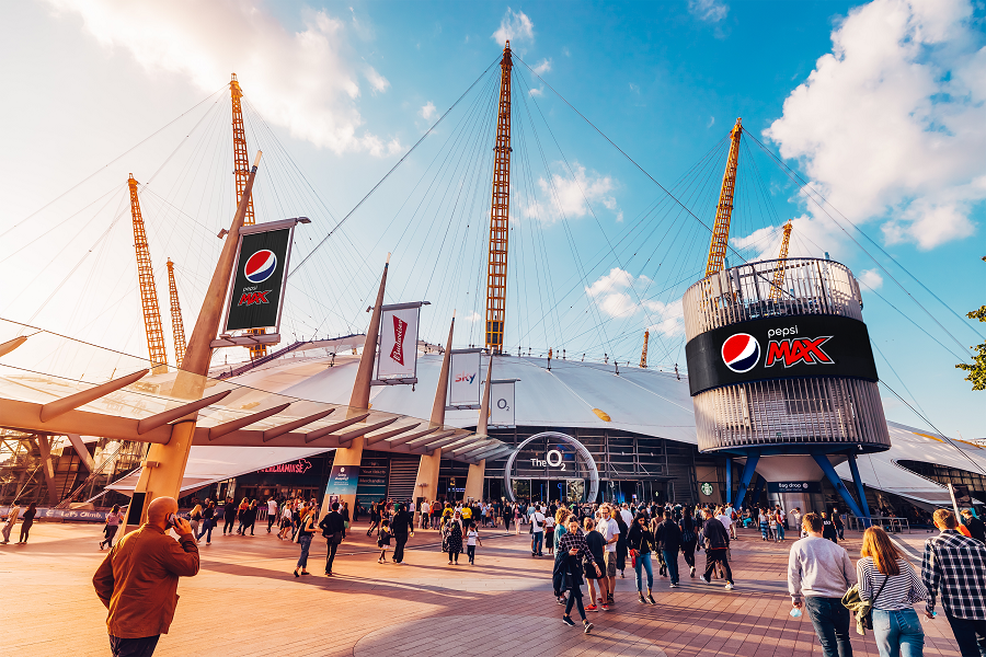 O2 arena exterior featuring Pepsi Max advertising