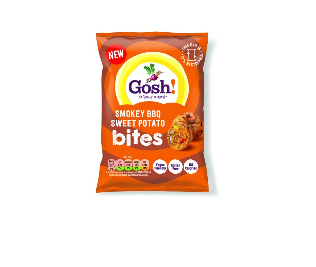 A packet of Gosh! smokey BBQ sweet potato bites