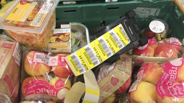 Basket of reduced foods at a supermarket