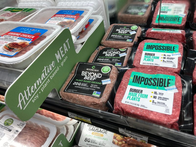 Plant-based meat section of a supermarket