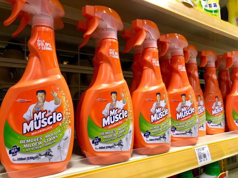 Mr Muscle bottles on shelf
