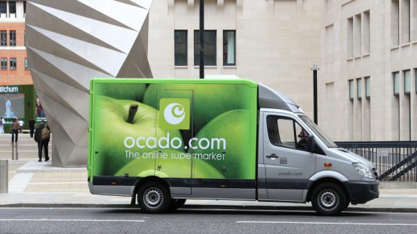 An Ocado delivery van drives through London.