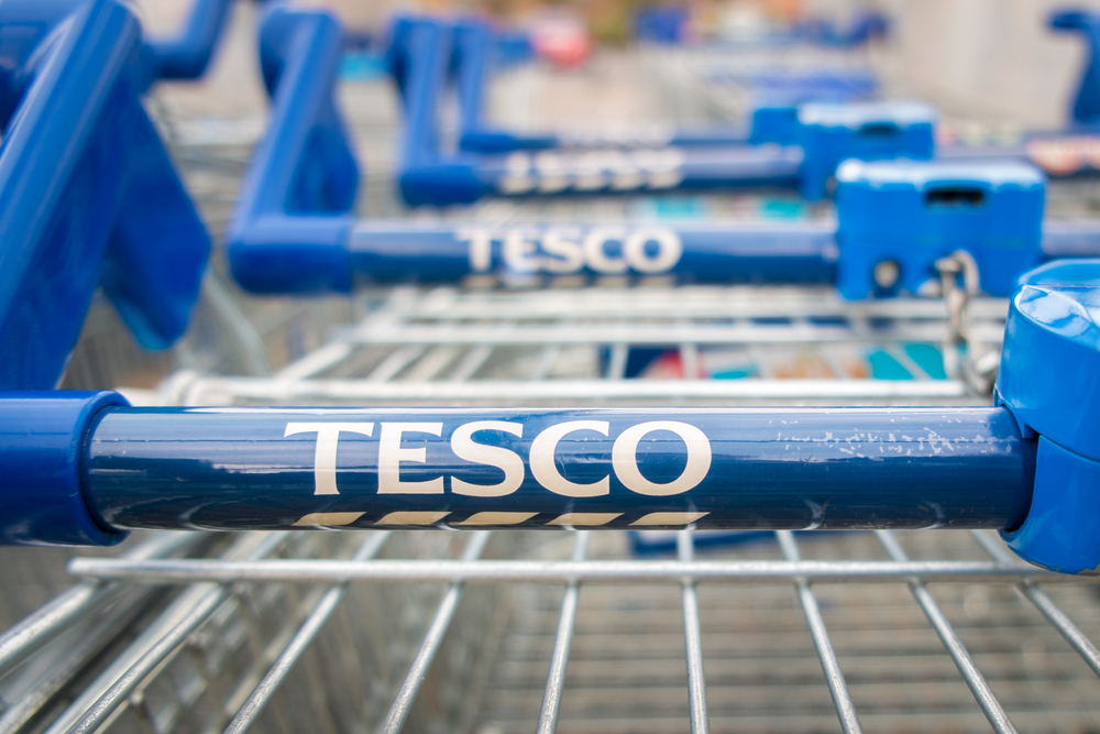 A row of Tesco shopping trolleys.