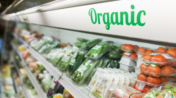 Organic food shelf at a supermarket