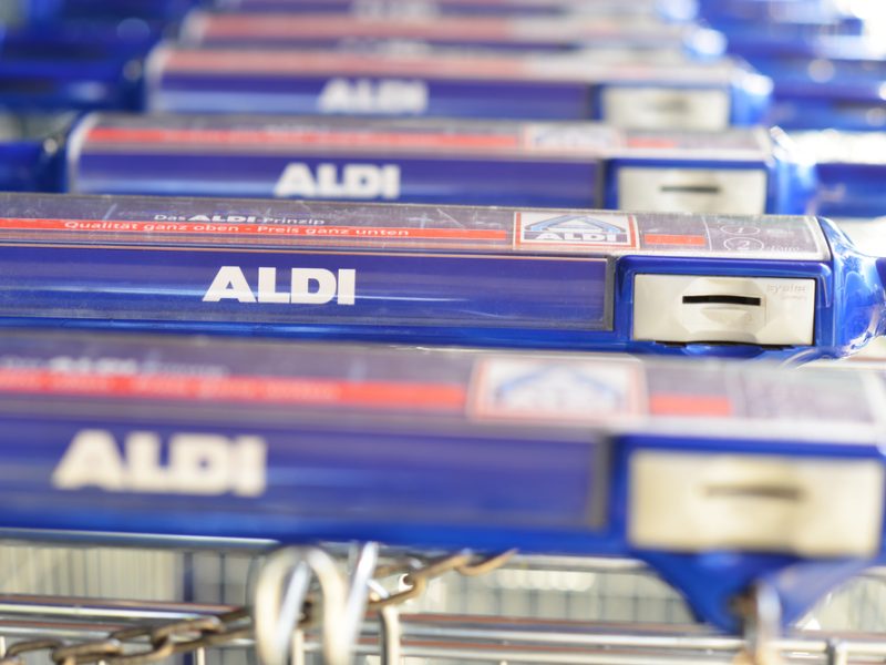 A row of Aldi shopping trolleys.
