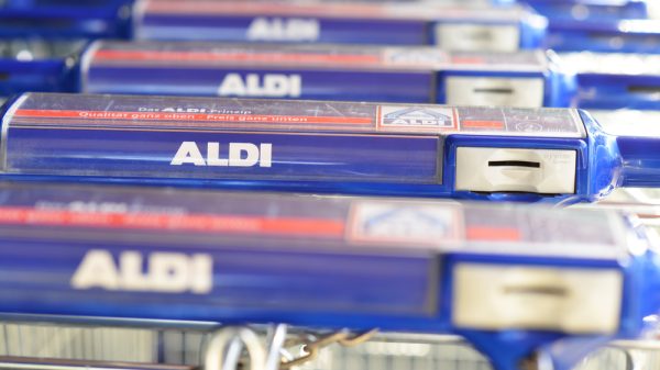 A stack of Aldi shopping trolleys.