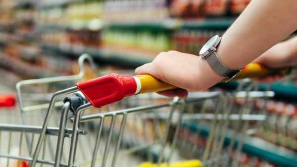 A pair of hands pushes a shopping trolley down a supermarket aisle.