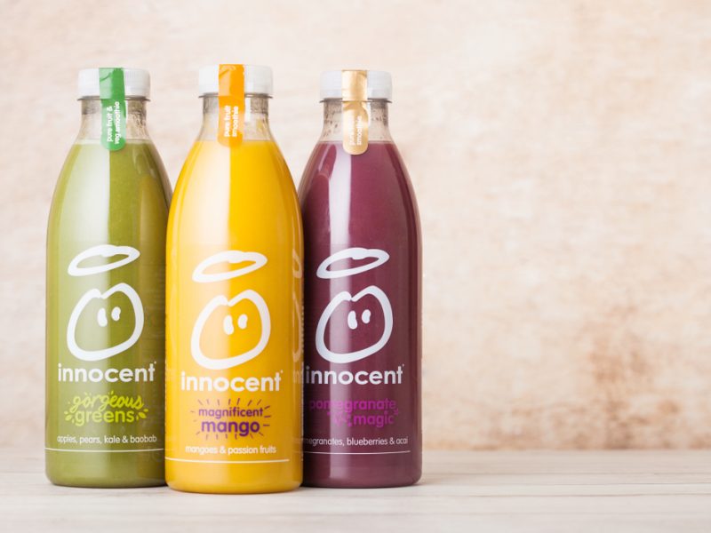 Three bottles on Innocent smoothies.