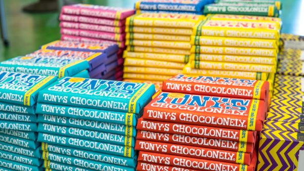 A stack of Tonys Chocolonely chocolate bars