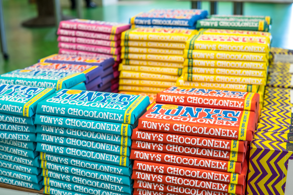 A stack of Tonys Chocolonely chocolate bars
