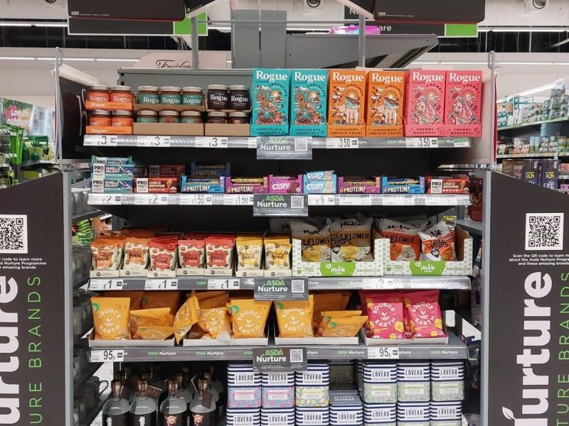 Asda's Nurture brands on a shelf in Asda stores