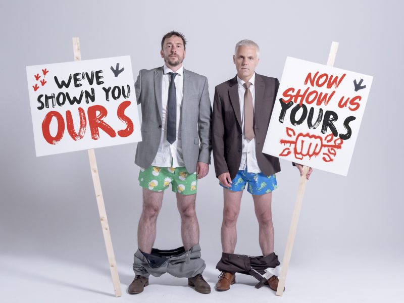 VFC co-founders standing with their trousers down asking the meat industry to come clean