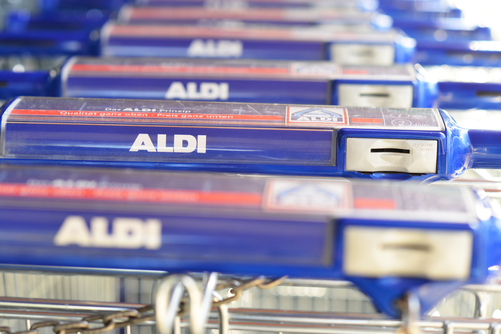 A row of Aldi shopping trolleys.