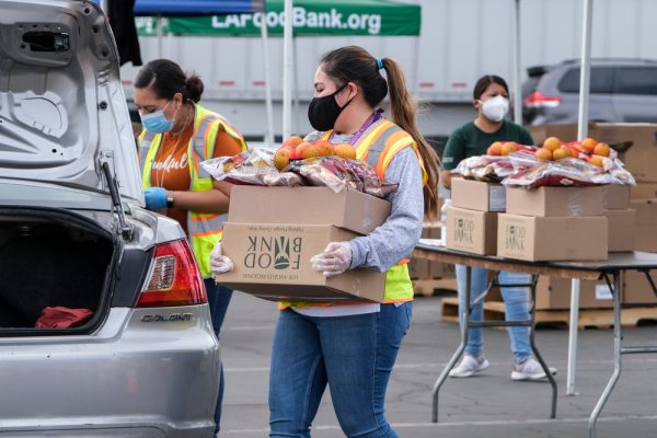 Food bank volunteer helping move food