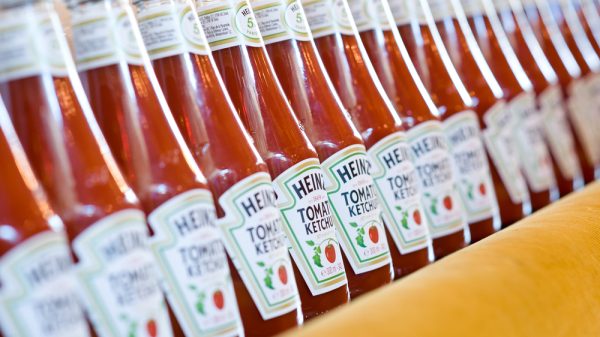 Bottles of Heinz tomato sauce.