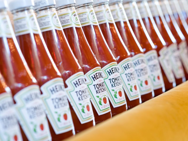Bottles of Heinz tomato sauce.