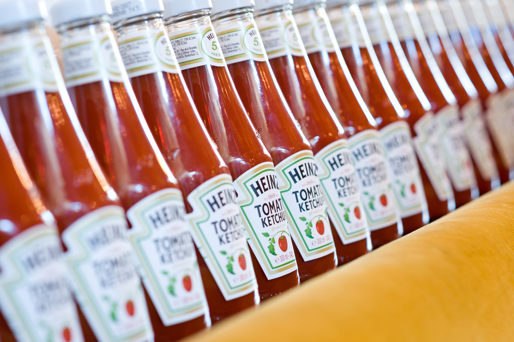 Bottles of Heinz tomato sauce.
