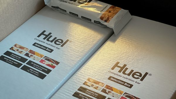 A box of Huel products.