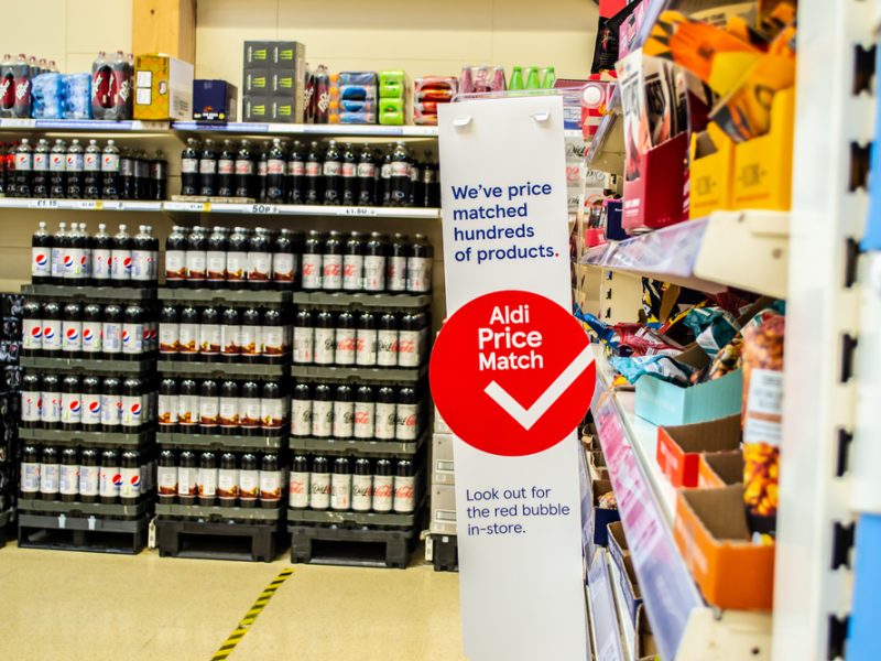 An Aldi Price Match sign in Tesco - re Morrisons price matches Aldi and Lidl