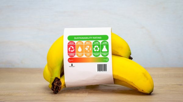 Bananas with sustainable rating label.