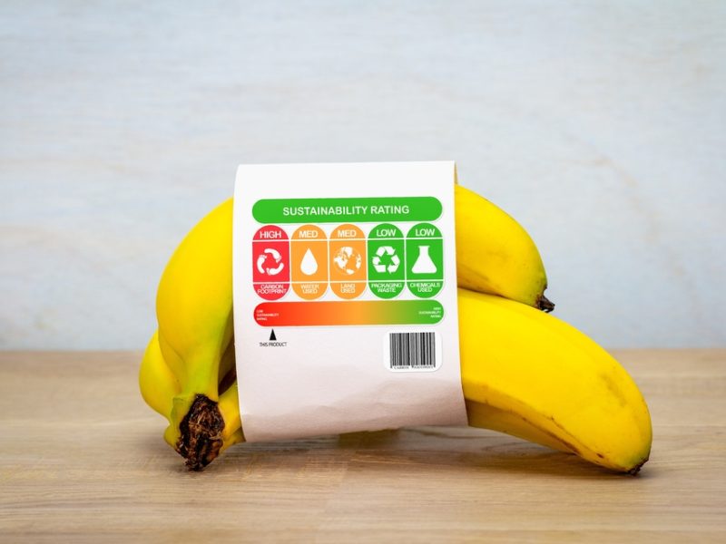 Bananas with sustainable rating label.