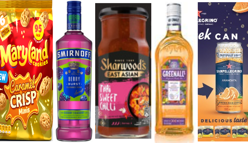 Maryland Minis, Smirnoff vodka, Sharwood's cooking sauce, Greenall's gin, Sanpellegrino packaging,