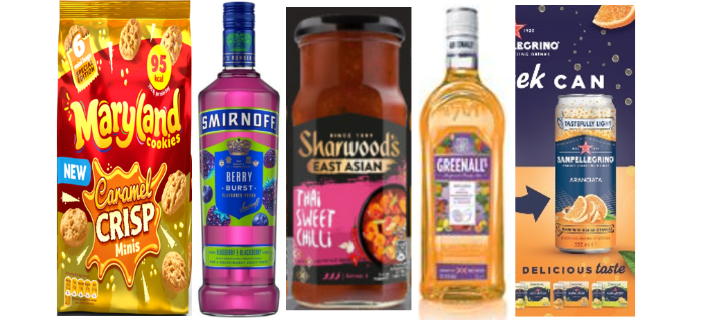 Maryland Minis, Smirnoff vodka, Sharwood's cooking sauce, Greenall's gin, Sanpellegrino packaging,
