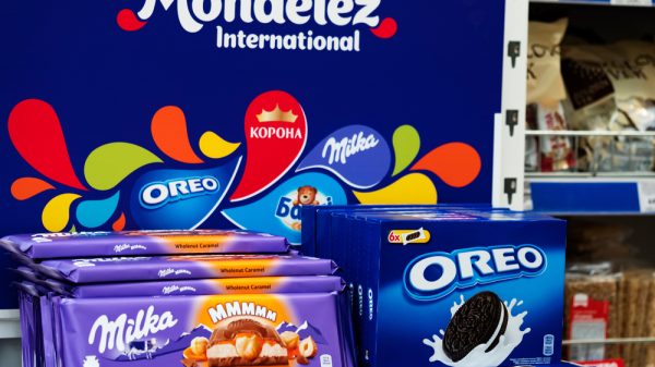Mondelez logo above chocolate in store.