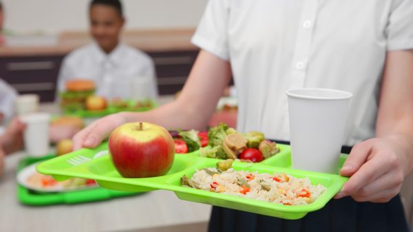 Girl holding a school meal tray.