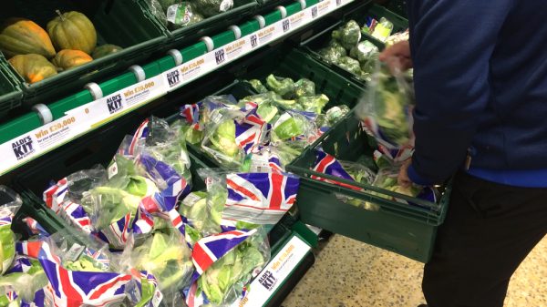 Vegetables in plastic packaging in UK supermarket.