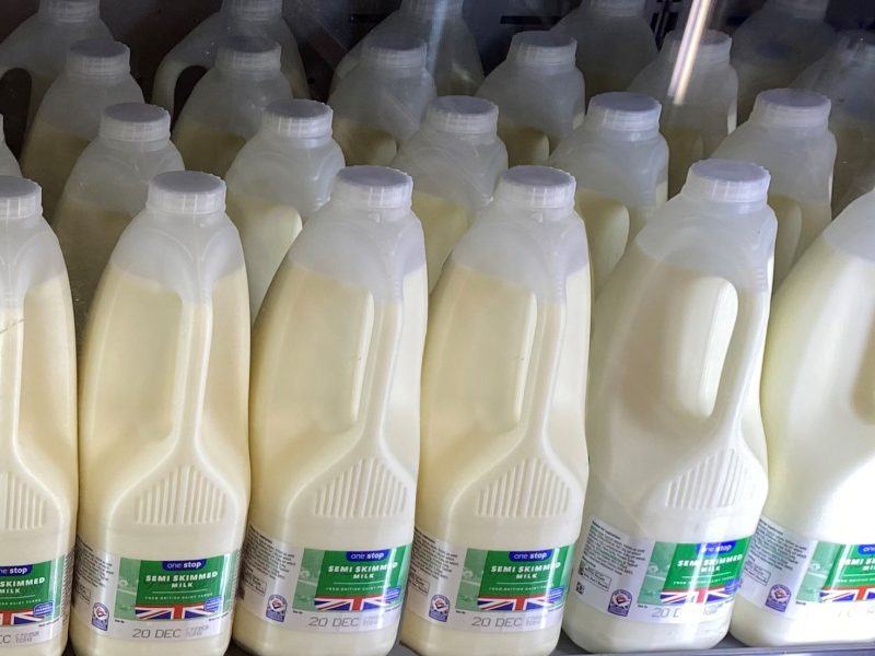 One Stop milk bottles with clear, recyclable lids