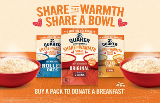 Quaker Oats is pledging to donate up to 2.5 million warm breakfasts to communities in the UK who need it most this winter.