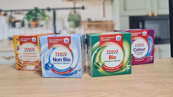 Tesco is ditching its plastic laundry pod tubs in favour of recyclable cardboard packs in an effort to cut down on plastic waste.