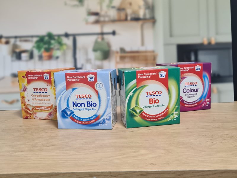 Tesco is ditching its plastic laundry pod tubs in favour of recyclable cardboard packs in an effort to cut down on plastic waste.