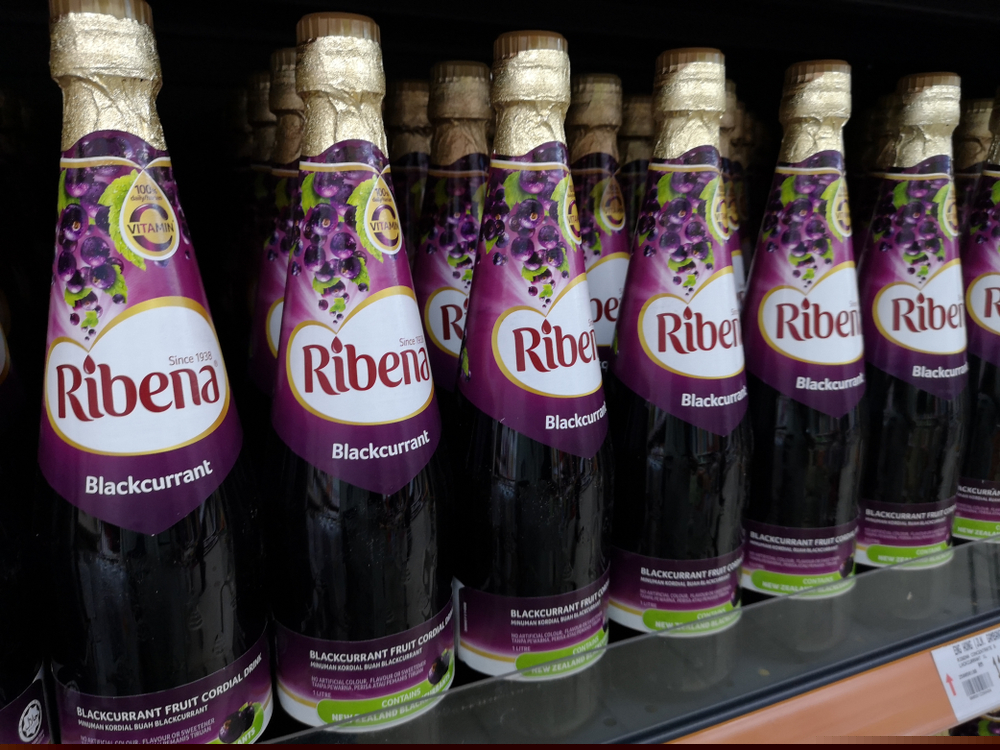 Assorted of RIBENA Cordial bottle drink's display for sell in the supermarket shelf.