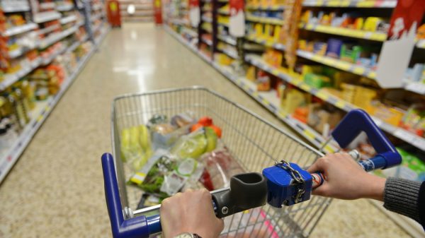 Supermarket shopping trolley re- grocery price inflation drops
