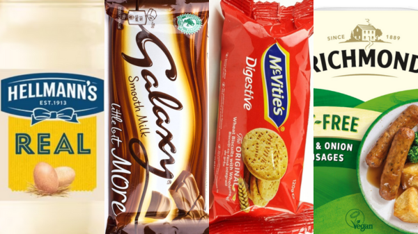 Shrinkflation products: Hellmann's, Galaxy, Digestives, Richmond sausages