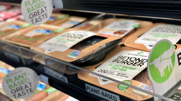 Sales for vegan products have fallen into decline in the last year as meat makes its way back on the menu, reveals the latest data, here depicting beyond Meat