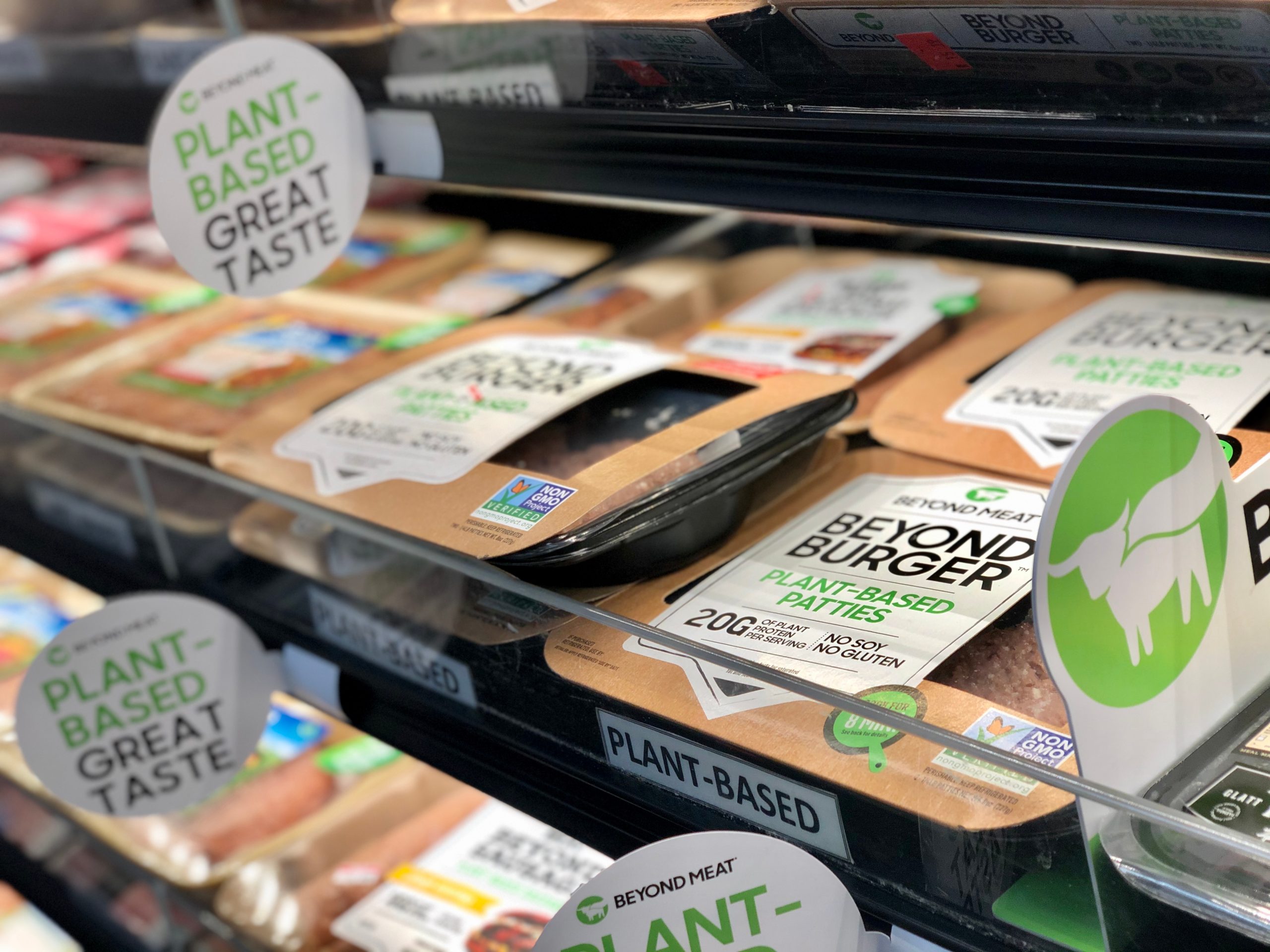 Sales for vegan products have fallen into decline in the last year as meat makes its way back on the menu, reveals the latest data, here depicting beyond Meat
