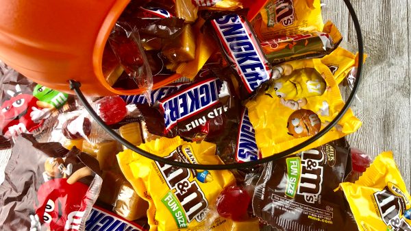 Halloween sweet sales have fallen 5% compared to last year, following British consumers facing rising costs and subsequently cutting back on the treats, here depicting Halloween candy, sweets and chocolates tumbling out of a pumpkin plastic bucket