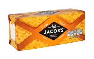 More than 350 workers at Jacob's Cream Crackers factory in Liverpool are facing redundancies before Christmas, says the GMB union, depicting a packet of Jacob's Cream Crackers