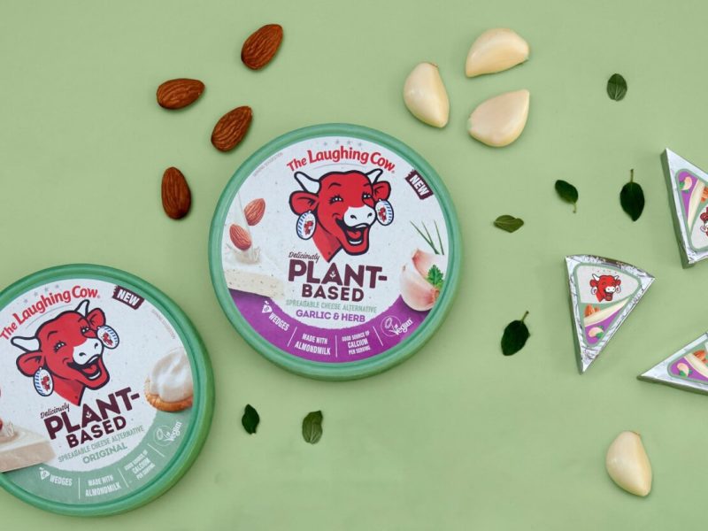 The Laughing Cow has announced it has expanded its brand with the launch of a new plant-based alternative to its cheese portions, here depicting the vegan cheese alternatives