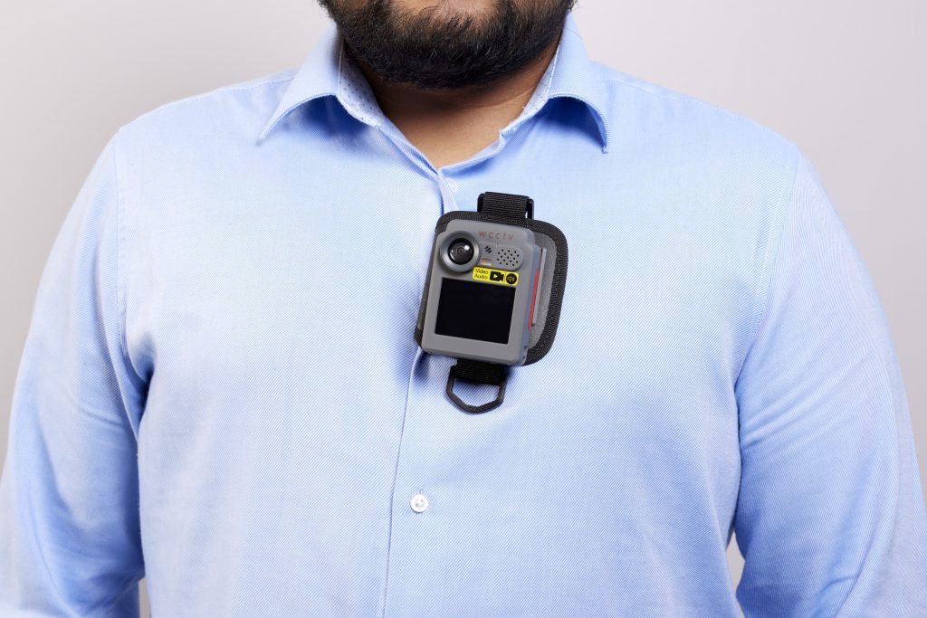 Lidl has become the first supermarket in the UK to equip body-worn cameras across all its stores in a move aimed at ensuring the safety and security of customers and colleagues, here depicting a person wearing a body-worn camera